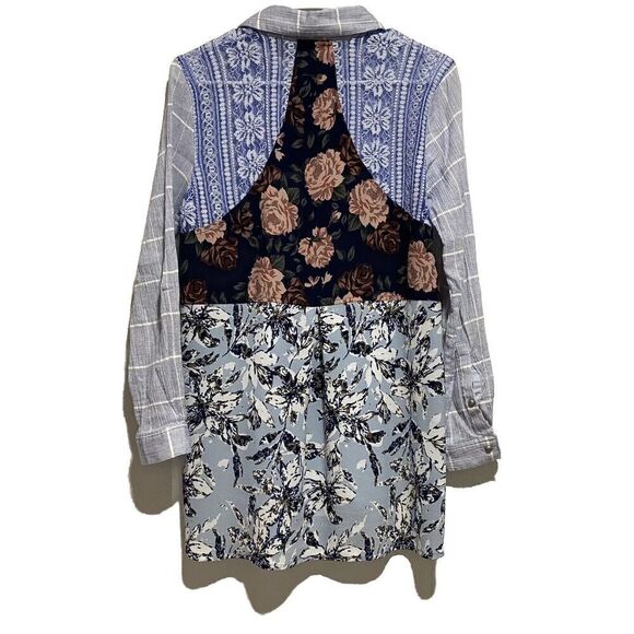 John Mark Blouse Blue Multi Media Boho Button Front Cotton Blend Size Small - Picture 2 of 7